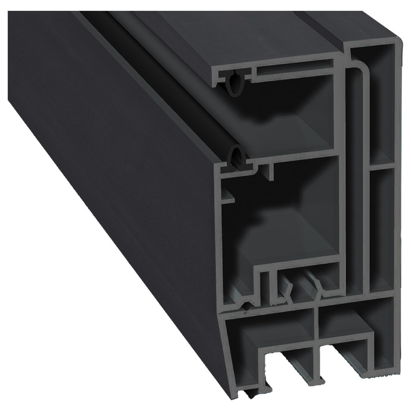 Adapterprofil 80x43mm Lg. 6,00m foliert, Revision außen <(>&<)> Mini-Rollladenführung 57x30mm Lg. 6,00m GK Grau, mit zwei schwarzen Weichlippen 436 70 Produktbild BIGPIC L