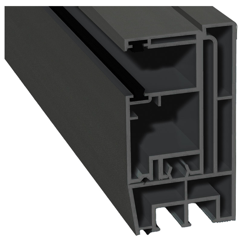 Adapterprofil 80x43mm Lg. 6,00m foliert, Revision außen <(>&<)> Rollladenführung 57x30mm Lg. 6,00m GK Grau, mit zwei schwarzen Bürsten 436 1014 Alux D Produktbild BIGPIC L