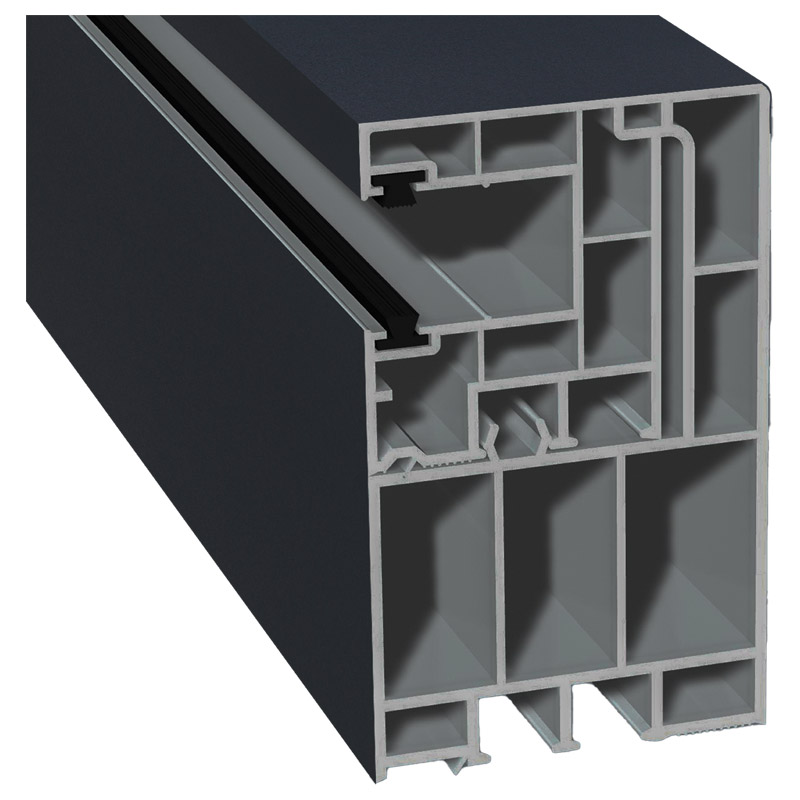 Adapterprofil 55x90mm Lg. 6,50m foliert, Revision außen <(>&<)> Rollladenführung 40x47mm Lg. 6,50m mit zwei schwarzen Bürsten GK Grau 70 1605-097 Anth Produktbild BIGPIC L