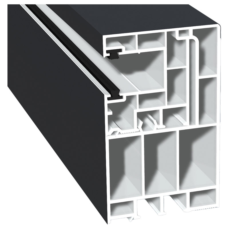 Adapterprofil 55x90mm Lg. 6,50m foliert, Revision außen <(>&<)> Rollladenführung 40x47mm Lg. 6,50m mit zwei schwarzen Bürsten GK Weiß 70 0405-083 Sign Produktbild BIGPIC L
