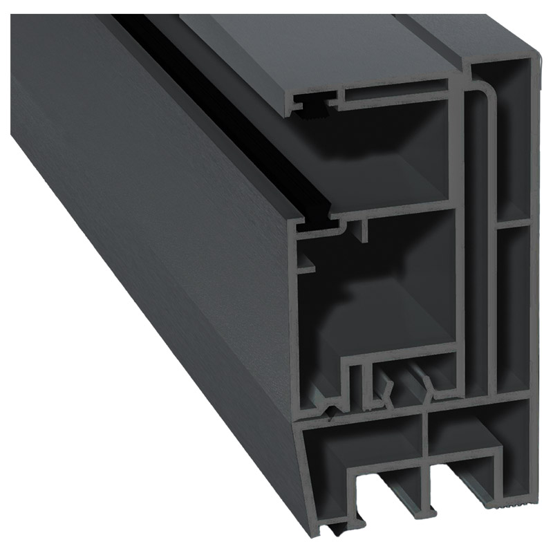 Adapterprofil 80x43mm Lg. 6,00m foliert, Revision außen <(>&<)> Rollladenführung 57x30mm Lg. 6,00m GK Grau, mit zwei schwarzen Bürsten 70 1205-167 Bas Produktbild BIGPIC L