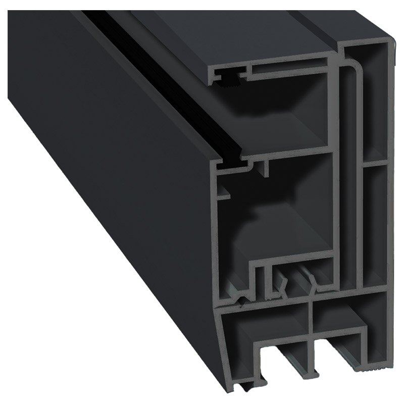 Adapterprofil 80x43mm Lg. 6,00m foliert, Revision außen <(>&<)> Rollladenführung 57x30mm Lg. 6,00m GK Grau, mit zwei schwarzen Bürsten 701505-083 Schi Produktbild BIGPIC L