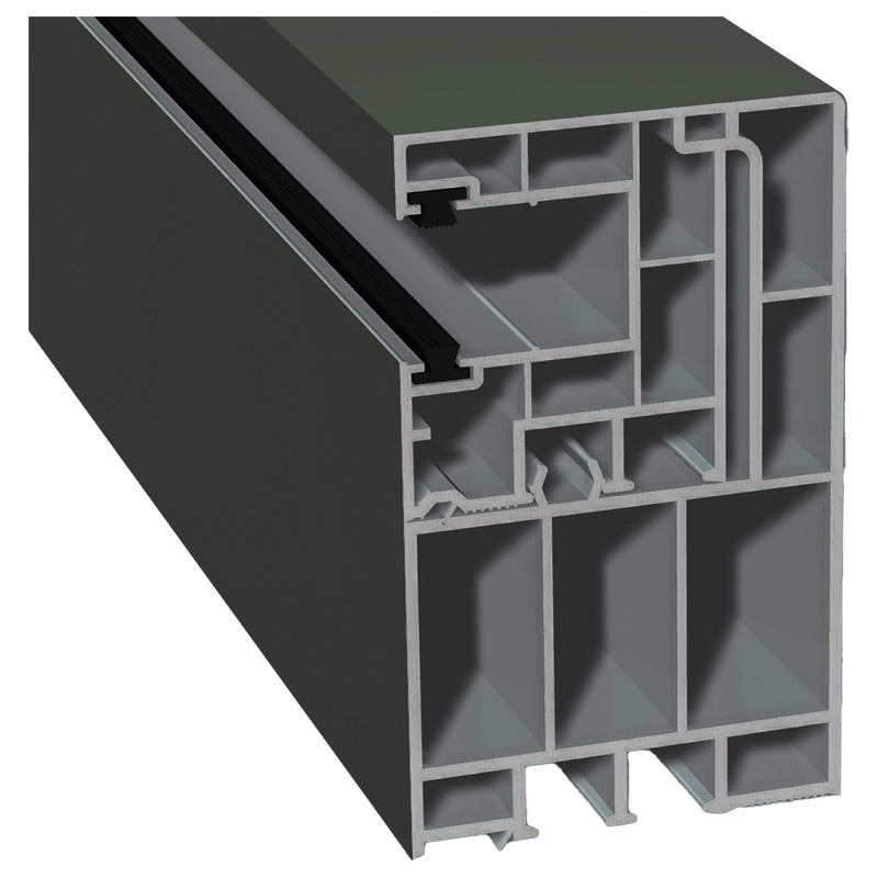 Adapterprofil 55x90mm Lg. 6,50m foliert, Revision außen <(>&<)> Rollladenführung 40x47mm Lg. 6,50m mit zwei schwarzen Bürsten GK Grau 436 7048 Basaltg Produktbild BIGPIC L