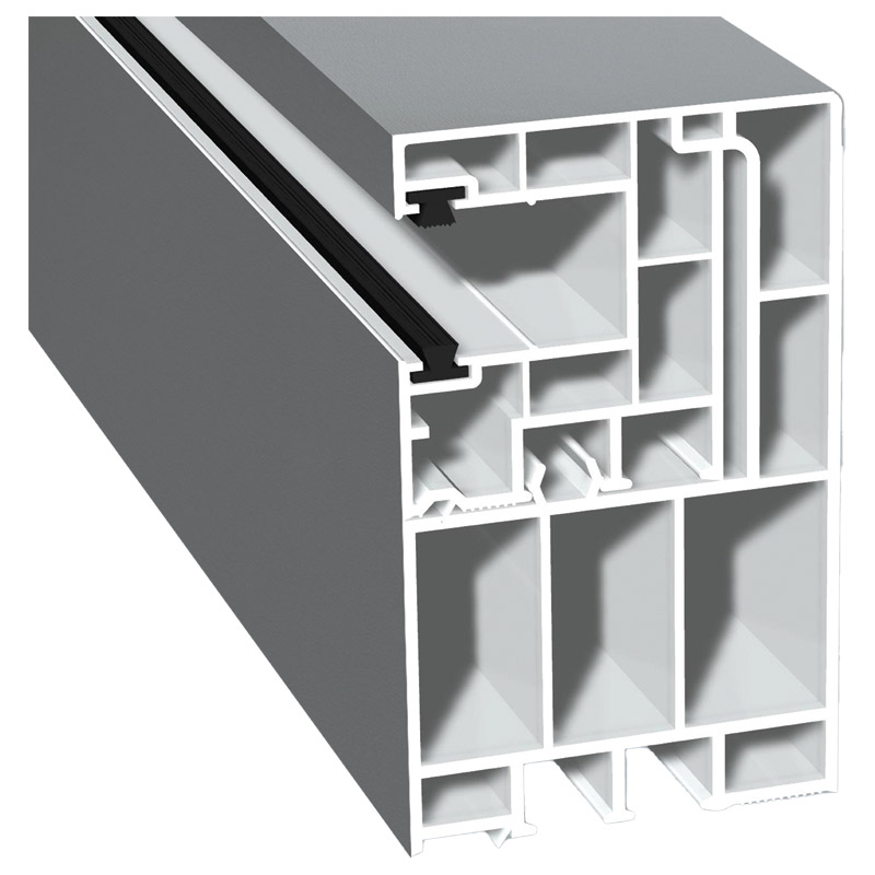 Adapterprofil 55x90mm Lg. 6,50m foliert, Revision außen <(>&<)> Rollladenführung 40x47mm Lg. 6,50m mit zwei schwarzen Bürsten GK Weiß 71 5505-167 Silb Produktbild BIGPIC L