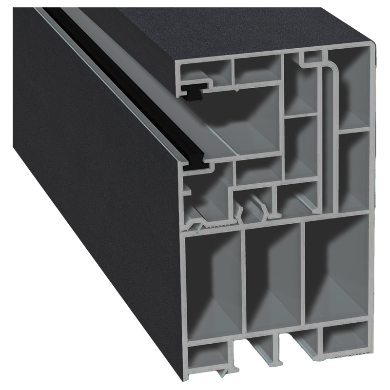 Adapterprofil 55x90mm Lg. 6,50m foliert, Revision außen <(>&<)> Rollladenführung 40x47mm Lg. 6,50m mit zwei schwarzen Bürsten GK Grau 436 1012 Alux An Produktbild BIGPIC L