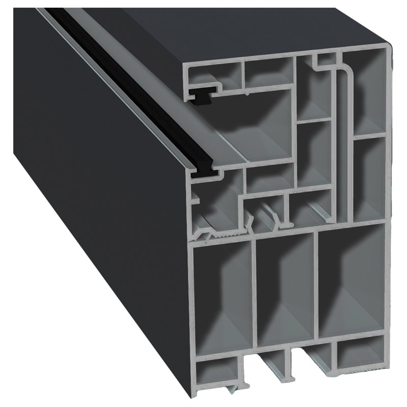 Adapterprofil 55x90mm Lg. 6,50m foliert, Revision außen <(>&<)> Rollladenführung 40x47mm Lg. 6,50m mit zwei schwarzen Bürsten GK Grau 701505-083 Schie Produktbild BIGPIC L