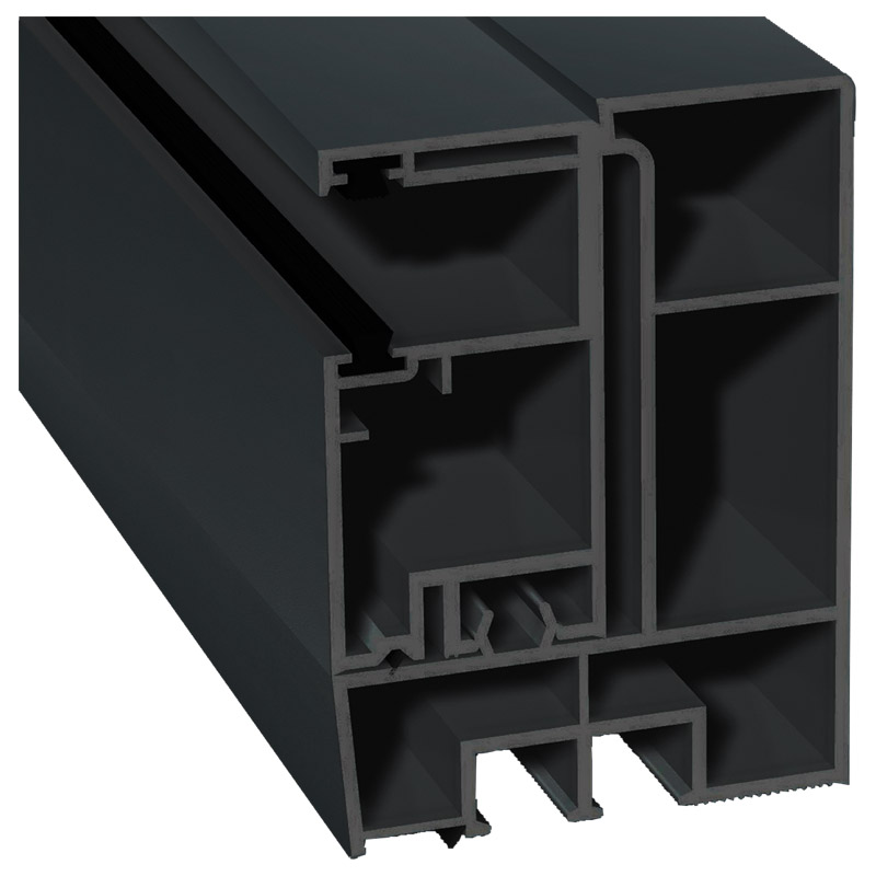Adapterprofil 80x55,5mm Lg. 6,00m foliert, Revision außen <(>&<)> Rollladenführung 57x30mm Lg. 6,00m GK Grau, mit zwei schwarzen Bürsten 70 1605-083 A Produktbild BIGPIC L