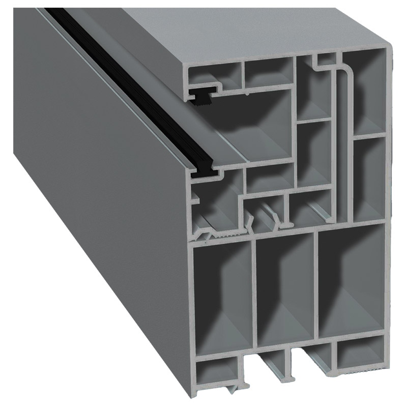 Adapterprofil 55x90mm Lg. 6,50m foliert, Revision außen <(>&<)> Rollladenführung 40x47mm Lg. 6,50m mit zwei schwarzen Bürsten GK Grau 71 5505-083 Silb Produktbild BIGPIC L