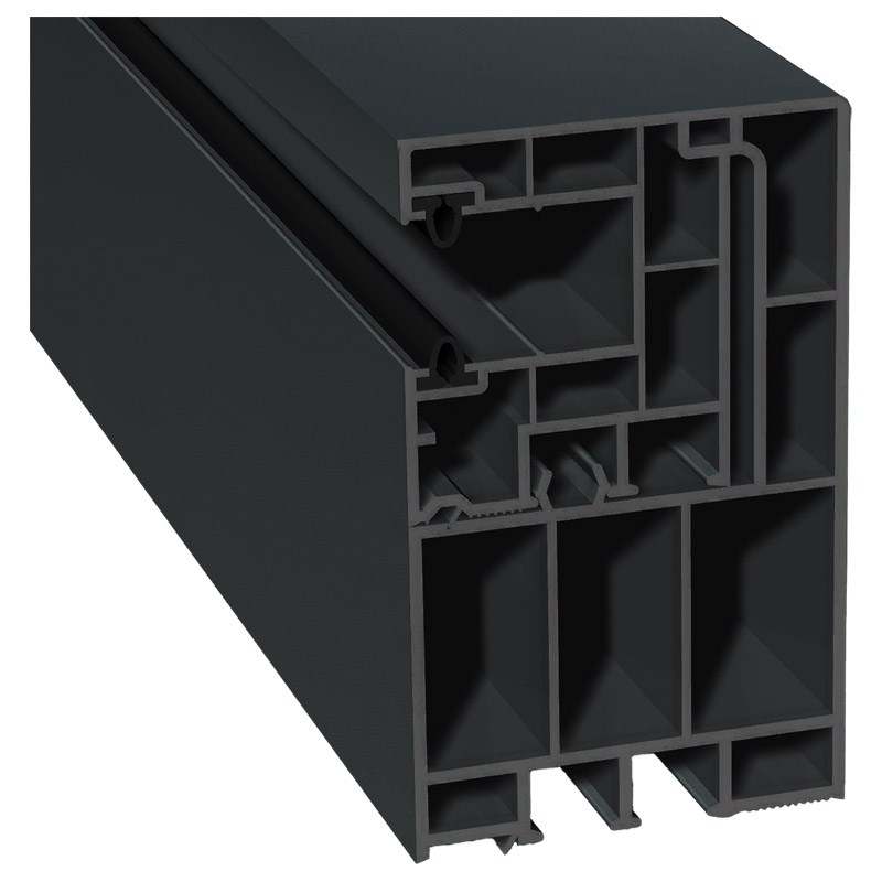 Adapterprofil 55x90mm Lg. 6,50m foliert, Revision außen <(>&<)> Mini- Rollladenführung 40x47mm Lg. 6,50m mit zwei schwarzen Weichlippen GK Grau 70 160 Produktbild BIGPIC L
