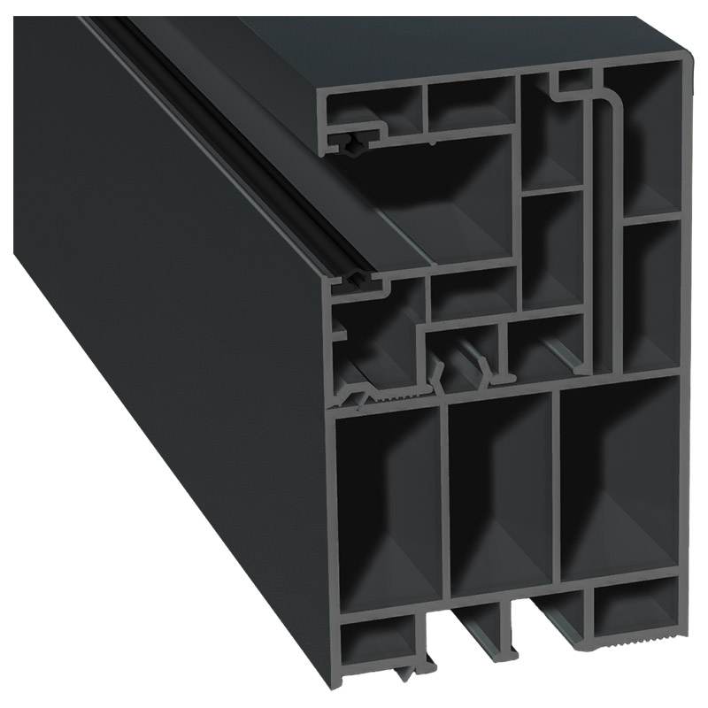 Adapterprofil 55x90mm Lg. 6,50m foliert, Revision außen <(>&<)> Maxi- Rollladenführung 40x47mm Lg. 6,50m mit zwei schwarzen Weichlippen GK Grau 70 160 Produktbild BIGPIC L