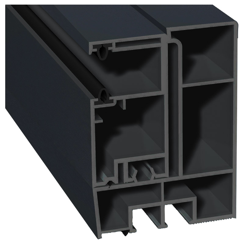 Adapterprofil 80x55,5mm Lg. 6,00m foliert, Revision außen <(>&<)> Mini-Rollladenführung 57x30mm Lg. 6,00m GK Grau, mit zwei schwarzen WL70 1605-167 An Produktbild BIGPIC L
