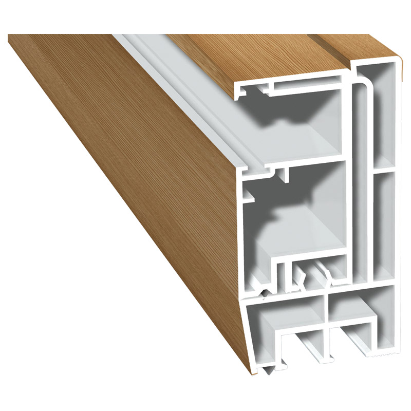 Adapterprofil 80x43mm Lg. 6,00m foliert, Revision außen <(>&<)> Rollladenführung 57x30mm Lg. 6,00m GK Braun, ohne Bürste306 9041-167 Bergkiefer Produktbild BIGPIC L