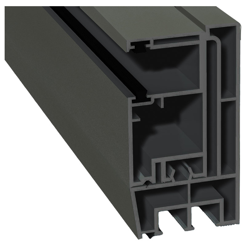 Adapterprofil 80x43mm Lg. 6,00m foliert, Revision außen <(>&<)> Rollladenführung 57x30mm Lg. 6,00m GK Grau, mit zwei schwarzen Bürsten 70 3905-083 Qua Produktbild BIGPIC L