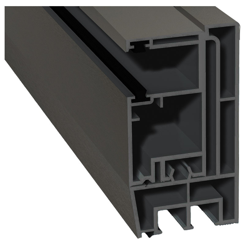 Adapterprofil 80x43mm Lg. 6,00m foliert, Revision außen <(>&<)> Rollladenführung 57x30mm Lg. 6,00m GK Grau, mit zwei schwarzen Bürsten 70 3905-167 Qua Produktbild BIGPIC L