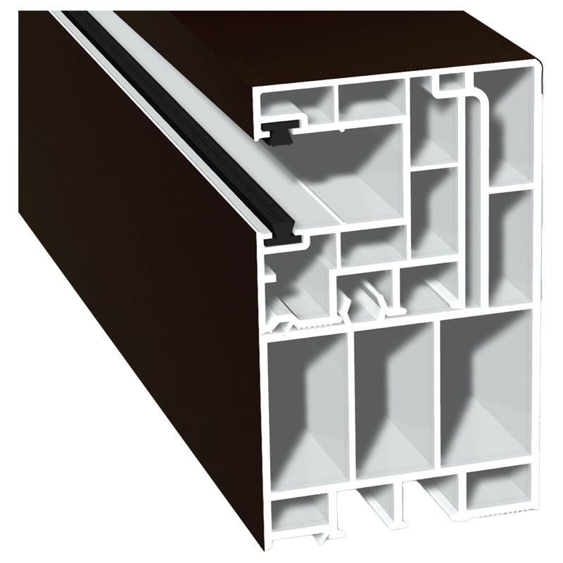 Adapterprofil 55x90mm Lg. 6,50m foliert, Revision außen <(>&<)> Rollladenführung 40x47mm Lg. 6,50m mit zwei schwarzen Bürsten GK Braun 88 7505-167 Sch Produktbild BIGPIC L