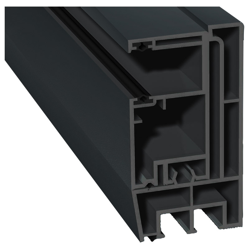 Adapterprofil 80x43mm Lg. 6,00m foliert, Revision außen <(>&<)> Maxi-Rollladenführung 57x30mm Lg. 6,00m GK Grau, mit zwei schwarzen Weichlippen 70 160 Produktbild BIGPIC L