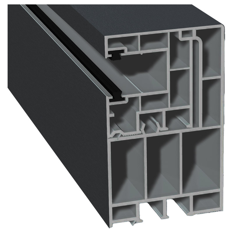 Adapterprofil 55x90mm Lg. 6,50m foliert, Revision außen <(>&<)> Rollladenführung 40x47mm Lg. 6,50m mit zwei schwarzen Bürsten GK Grau 701505-167 Schie Produktbild BIGPIC L