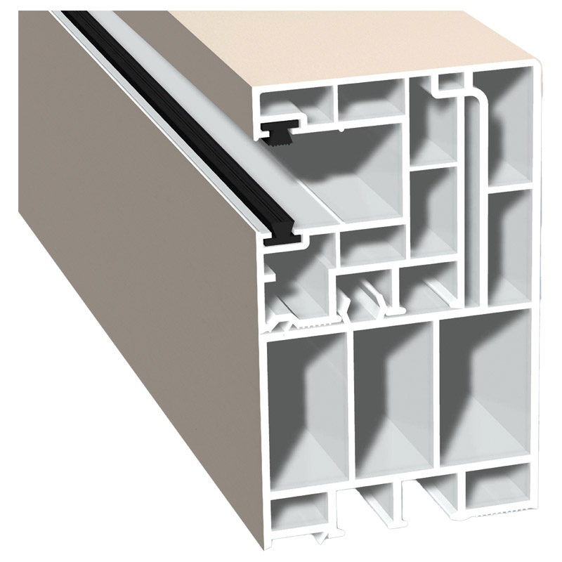 Adapterprofil 55x90mm Lg. 6,50m foliert, Revision außen <(>&<)> Rollladenführung 40x47mm Lg. 6,50m mit zwei schwarzen Bürsten GK Weiß 456 5054 Cremewe Produktbild BIGPIC L