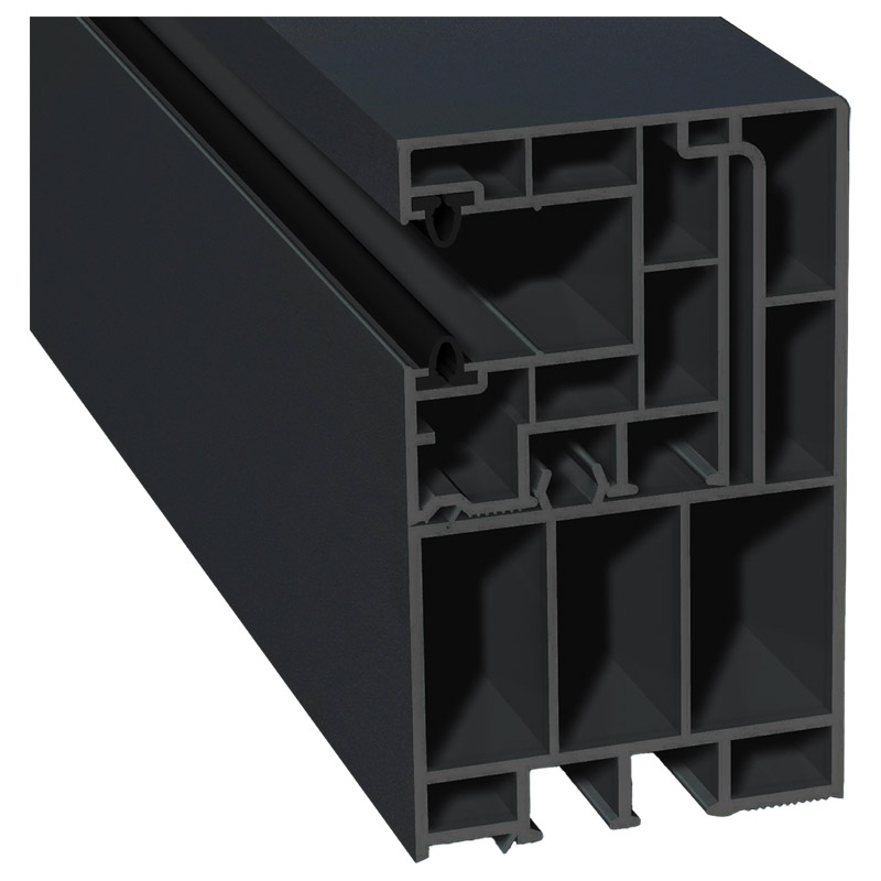 Adapterprofil 55x90mm Lg. 6,50m foliert, Revision außen <(>&<)> Mini-Rollladenführung 40x47mm Lg. 6,50m mit zwei schwarzen Weichlippen GK Grau 70 1605 Produktbild BIGPIC L