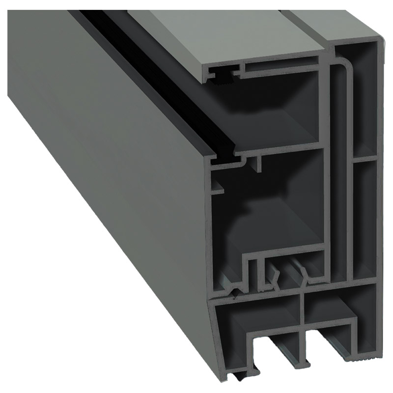 Adapterprofil 80x43mm Lg. 6,00m foliert, Revision außen <(>&<)> Rollladenführung 57x30mm Lg. 6,00m GK Grau, mit zwei schwarzen Bürsten 436 7049 Titani Produktbild BIGPIC L