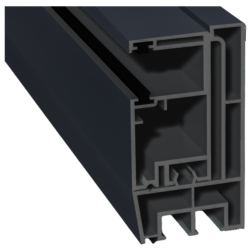 Adapterprofil 80x43mm Lg. 6,00m foliert, Revision außen <(>&<)> Rollladenführung 57x30mm Lg. 6,00m GK Grau, mit zwei schwarzen Bürsten 70 1605-097 Ant Produktbild BIGPIC L