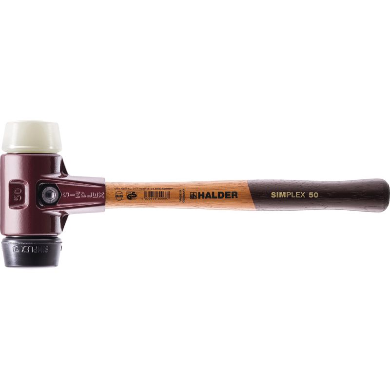 HALDER Schonhammer SIMPLEX mittelhart/hart Holzstiel Gummi schwarz/Nylon weiß Produktbild BIGPIC L
