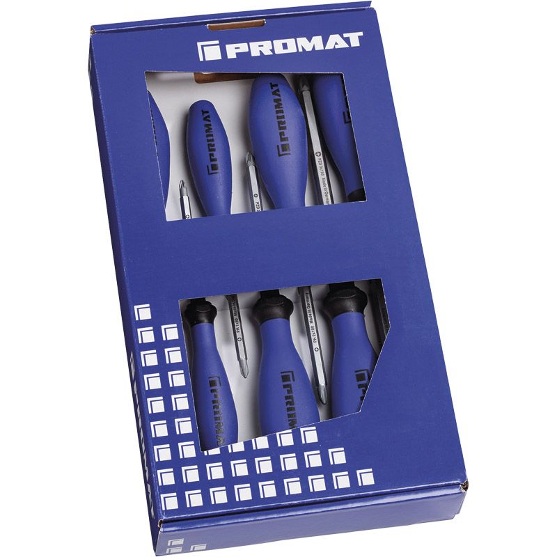 PROMAT Schraubendrehersortiment LS/PH/PZD mit 6kantklinge und 3-Komponentengriff 7-tlg. Produktbild BIGPIC L