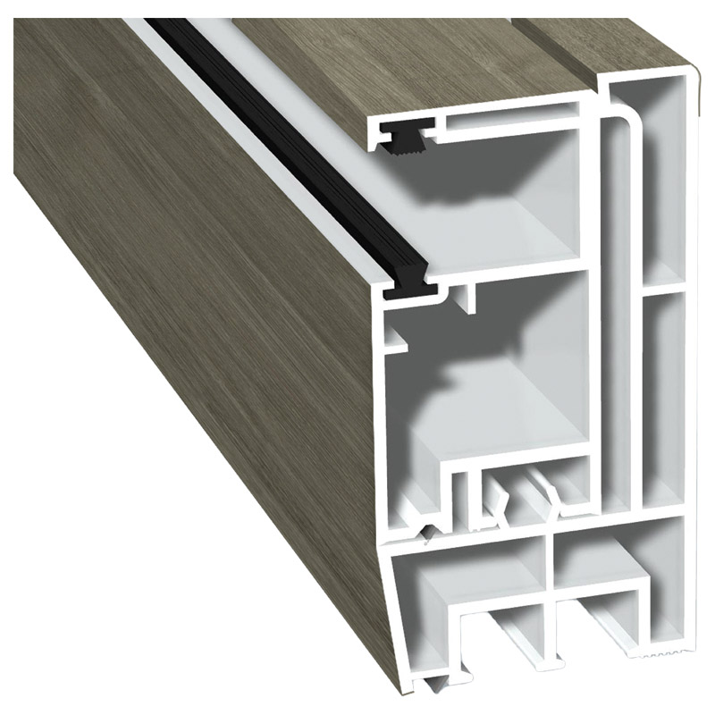 Adapterprofil 80x43mm Lg. 6,00m foliert, Revision außen <(>&<)> Rollladenführung 57x30mm Lg. 6,00m GK Braun, mit zwei schwarzen Bürsten 436 3086 Sheff Produktbild BIGPIC L