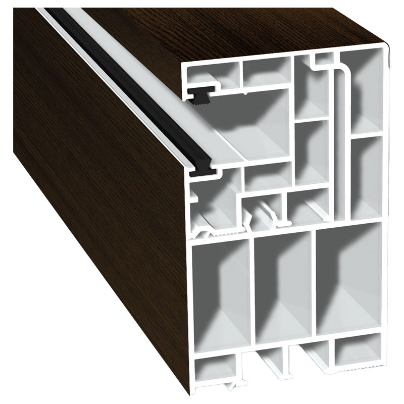 Adapterprofil 55x90mm Lg. 6,50m foliert, Revision außen <(>&<)> Rollladenführung 40x47mm Lg. 6,50m mit zwei schwarzen Bürsten GK Braun 316 7004-167 Mo Produktbild BIGPIC L