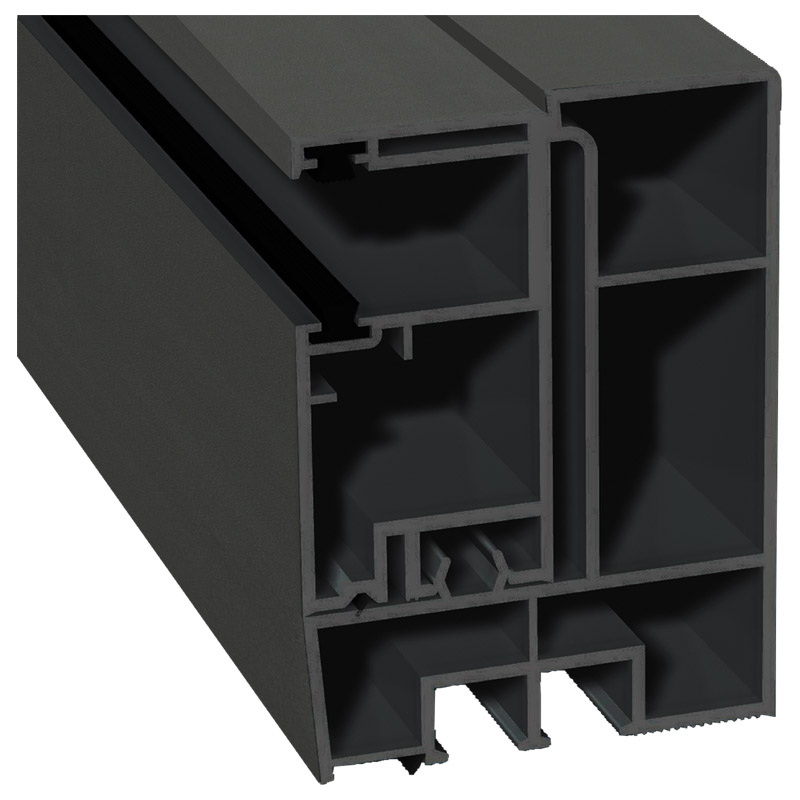 Adapterprofil 80x55,5mm Lg. 6,00m foliert, Revision außen <(>&<)> Rollladenführung 57x30mm Lg. 6,00m GK Grau, mit zwei schwarzen Bürsten 436 1014 Alux Produktbild BIGPIC L