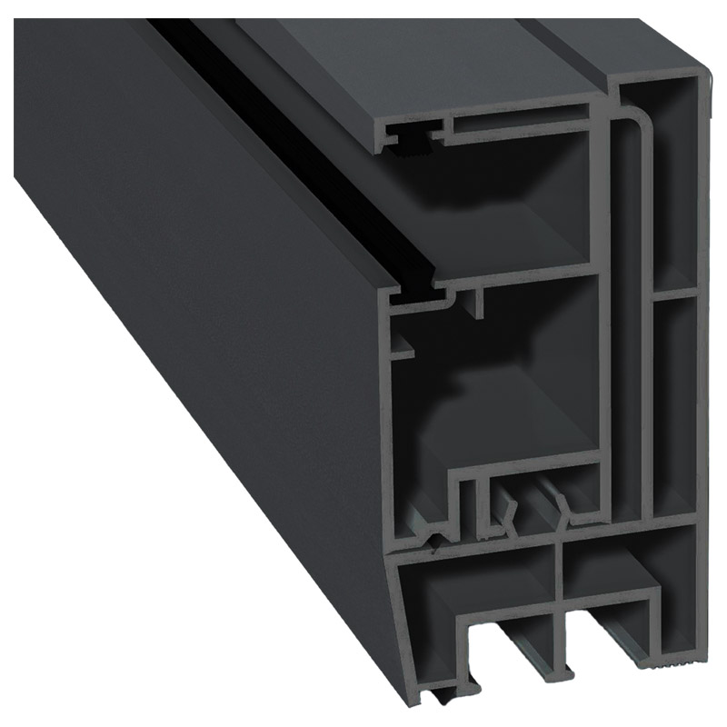 Adapterprofil 80x43mm Lg. 6,00m foliert, Revision außen <(>&<)> Rollladenführung 57x30mm Lg. 6,00m GK Grau, mit zwei schwarzen Bürsten 436 5050 Schief Produktbild BIGPIC L