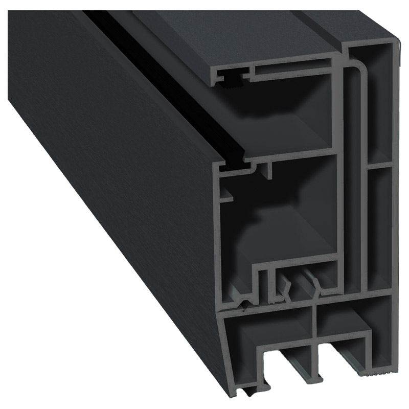 Adapterprofil 80x43 mm Lg. 6,00 m foliert, Revision außen <(>&<)>Rollladenführung 57x30 mm Lg. 6,00 mGK Grau, mit zwei schwarzen Bürsten701505-167 SCH Produktbild BIGPIC L