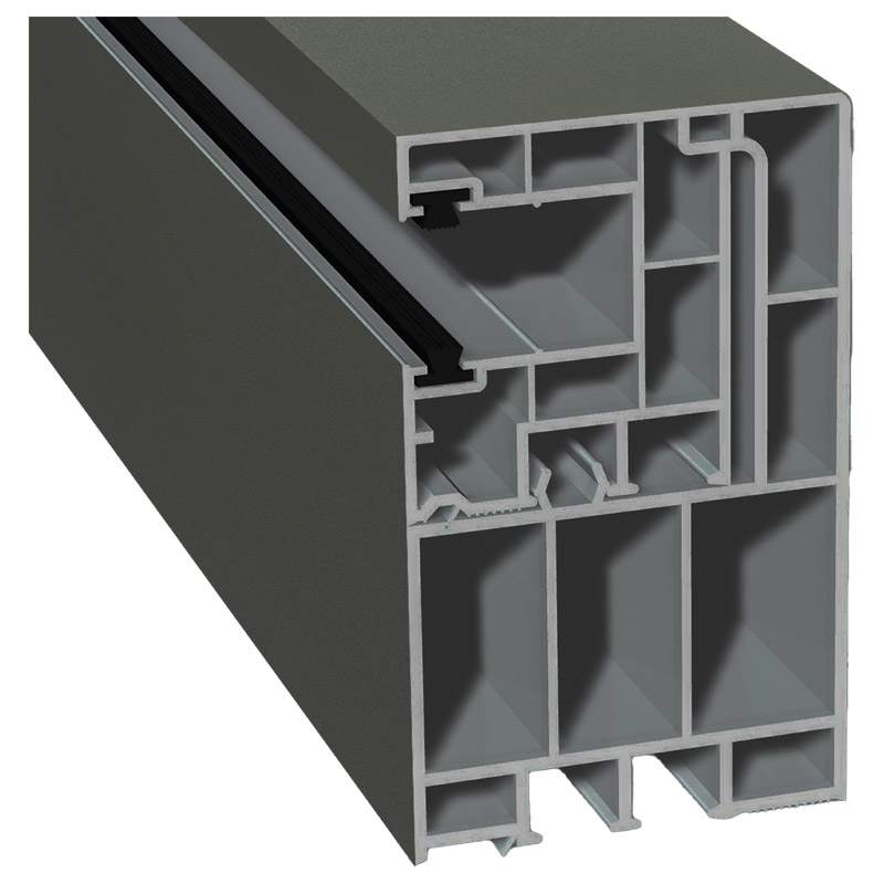 Adapterprofil 55x90 mm Lg. 6,50 mfoliert, Revision außen <(>&<)>Rollladenführung 40x47 mm Lg. 6,50 mmit zwei schwarzen BürstenGK Grau70 3905-083 QUARZ Produktbild BIGPIC L