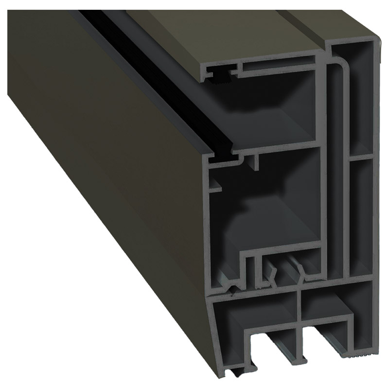 Adapterprofil 80x43 mm Lg. 6,00 m foliert, Revision außen <(>&<)>Rollladenführung 57x30 mm Lg. 6,00 mGK Grau, mit zwei schwarzen Bürsten436 7047 QUARZ Produktbild BIGPIC L