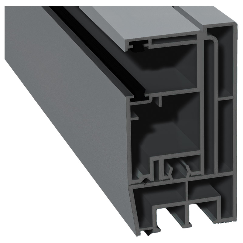 Adapterprofil 80x43 mm Lg. 6,00 m foliert, Revision außen <(>&<)>Rollladenführung 57x30 mm Lg. 6,00 mGK Grau, mit zwei schwarzen Bürsten71 5505-083 SI Produktbild BIGPIC L