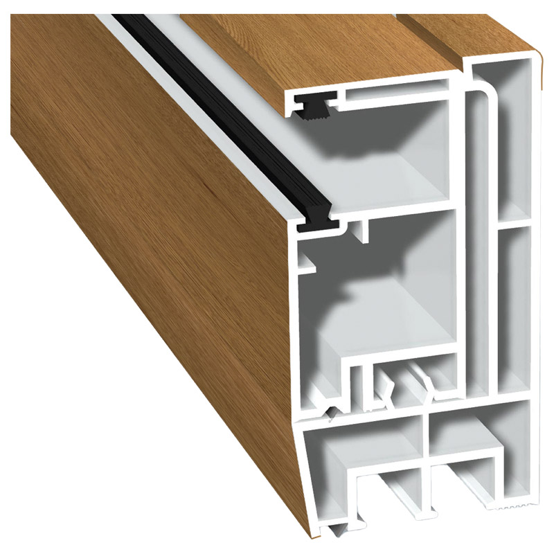 Adapterprofil 80x43 mm Lg. 6,00 m foliert, Revision außen <(>&<)>Rollladenführung 57x30 mm Lg. 6,00 mGK Braun, mit zwei schwarzen Bürsten8004-022 GING Produktbild BIGPIC L