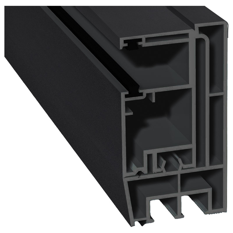Adapterprofil 80x43 mm Lg. 6,00 m foliert, Revision außen <(>&<)>Rollladenführung 57x30 mm Lg. 6,00 mGK Grau, mit zwei schwarzen BürstenPX 47097 BLACK Produktbild BIGPIC L