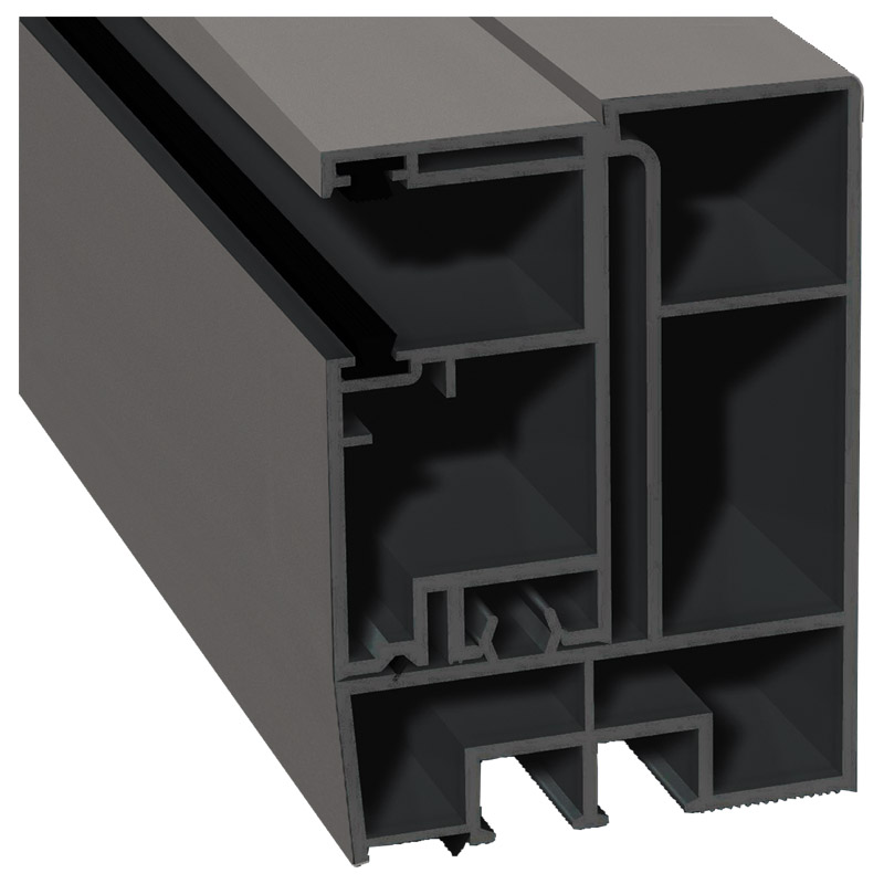 Adapterprofil 80x55,5 mm Lg. 6,00 mfoliert, Revision außen <(>&<)>Rollladenführung 57x30 mm Lg. 6,00 mGK Grau, mit zwei schwarzen Bürsten436 1016 ALUX Produktbild BIGPIC L