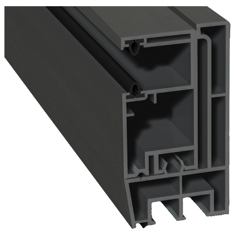 Adapterprofil 80x43 mm Lg. 6,00 m foliert, Revision außen <(>&<)>Mini-Rollladenführung 57x30 mm Lg. 6,00 mGK Grau, mit zwei schwarzen Weichlippen436 1 Produktbild BIGPIC L