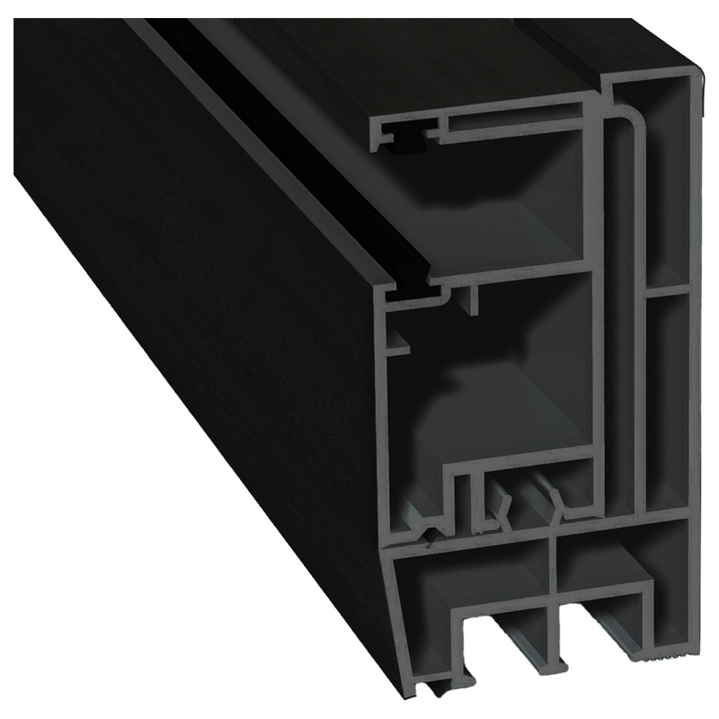 Adapterprofil 80x43 mm Lg. 6,00 m foliert, Revision außen <(>&<)>Rollladenführung 57x30 mm Lg. 6,00 mGK Grau, mit zwei schwarzen Bürsten446 6062 JET B Produktbild BIGPIC L