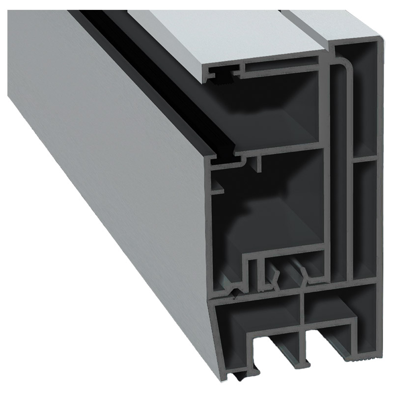Adapterprofil 80x43 mm Lg. 6,00 m foliert, Revision außen <(>&<)>Rollladenführung 57x30 mm Lg. 6,00 mGK Grau, mit zwei schwarzen Bürsten72 5105-167 LI Produktbild BIGPIC L