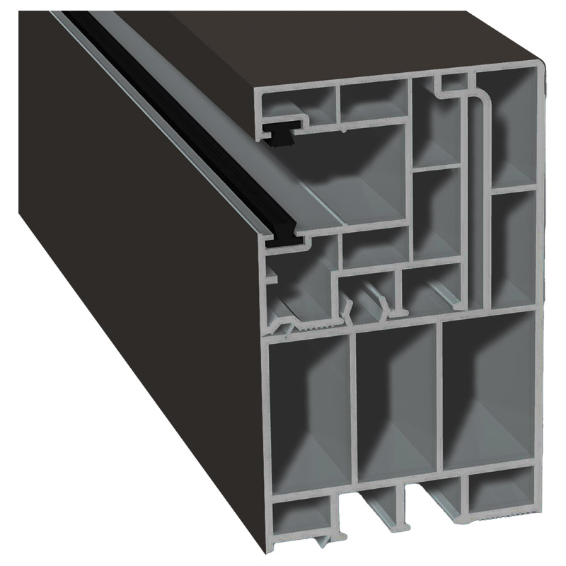 Adapterprofil 55x90 mm Lg. 6,50 mfoliert, Revision außen <(>&<)>Rollladenführung 40x47 mm Lg. 6,50 mmit zwei schwarzen BürstenGK Grau470 6065 MATTEX U Produktbild BIGPIC L