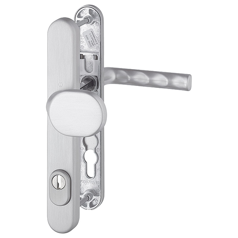 Hoppe Haus- und Nebeneingangstür Schmalrahmen-Wechselgarnitur Hamburg 86G/3359ZA/3357N/1700FA, Alu edelstahlfarbig eloxiert F31-1, S childbreite 36mm, Produktbild BIGPIC L