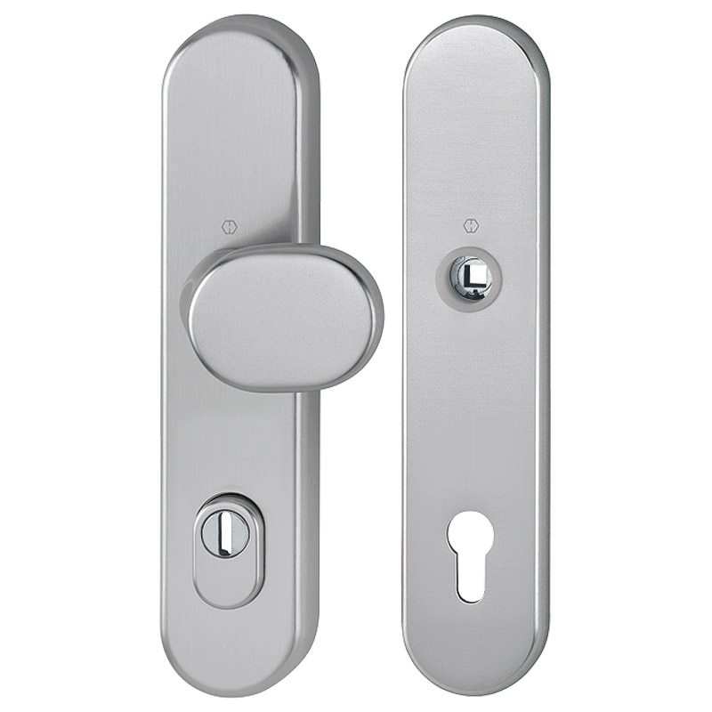 Hoppe Einbruchsschutz Haus- und Nebeneingangstür-Wechselgarnitur ohne Lochteil 86G/3332ZA/3310,Alu silberfarb. dunkel eloxiert F9,Schildbreite 54mm, L Produktbild BIGPIC L