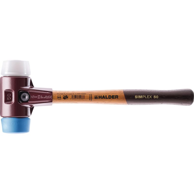 HALDER Schonhammer SIMPLEX weich/mittelhart Holzstiel TPE-soft blau/Superplastik weiß Produktbild BIGPIC L