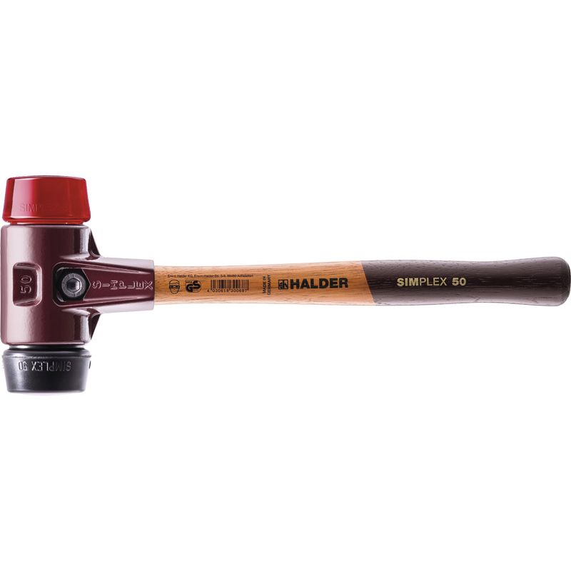 HALDER Schonhammer SIMPLEX mittelhart/hart Holzstiel Gummi schwarz/Plastik rot Produktbild BIGPIC L