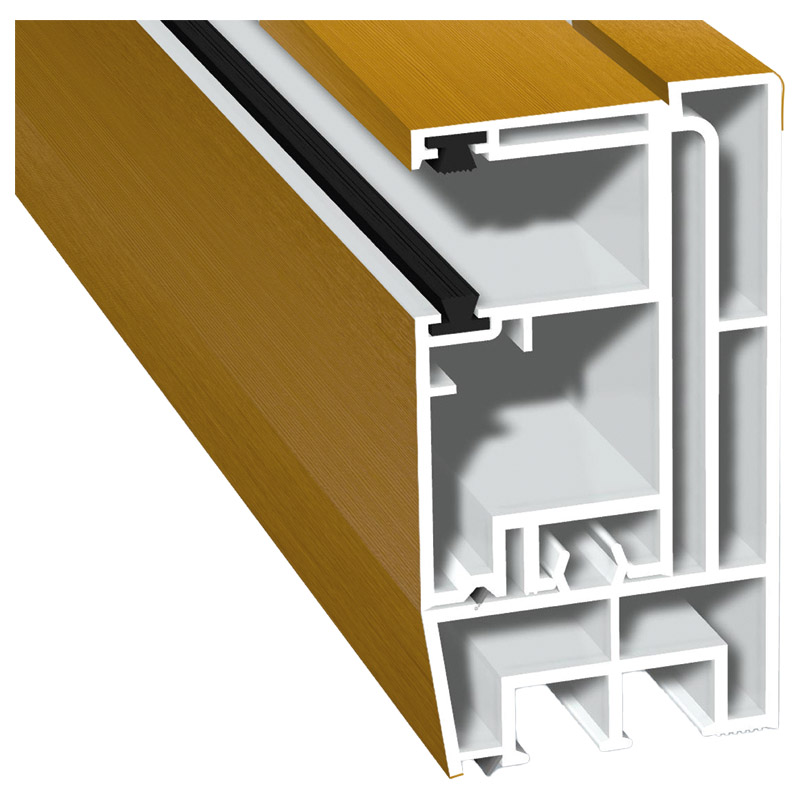 Adapterprofil 80x43mm Lg. 6,00m foliert, Revision außen <(>&<)> Rollladenführung 57x30mm Lg. 6,00m GK Braun, mit zwei schwarzen Bürsten 119 2001-167 O Produktbild BIGPIC L