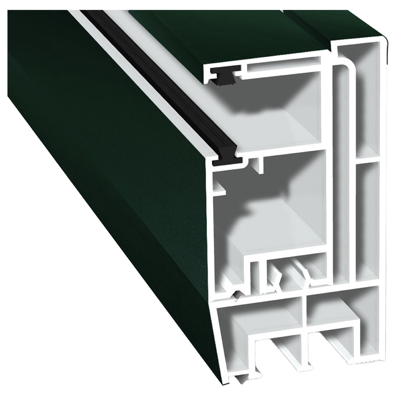 Adapterprofil 80x43mm Lg. 6,00m foliert, Revision außen <(>&<)> Rollladenführung 57x30mm Lg. 6,00m GK Weiß, mit zwei schwarzen Bürsten 61 2505-167 Dun Produktbild BIGPIC L
