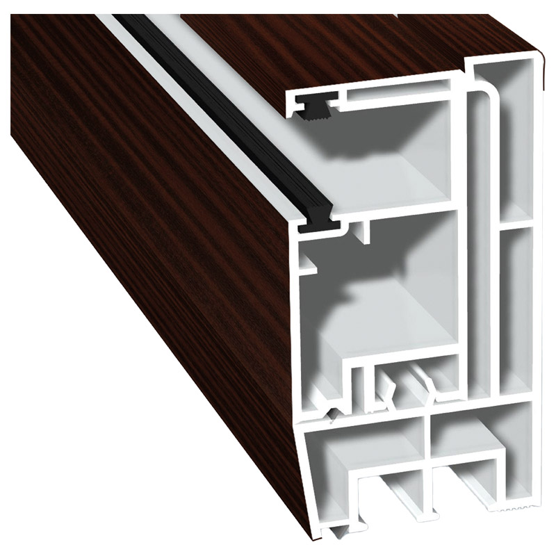 Adapterprofil 80x43mm Lg. 6,00m foliert, Revision außen <(>&<)> Rollladenführung 57x30mm Lg. 6,00m GK Braun, mit zwei schwarzen Bürsten 206 5021-167 S Produktbild BIGPIC L