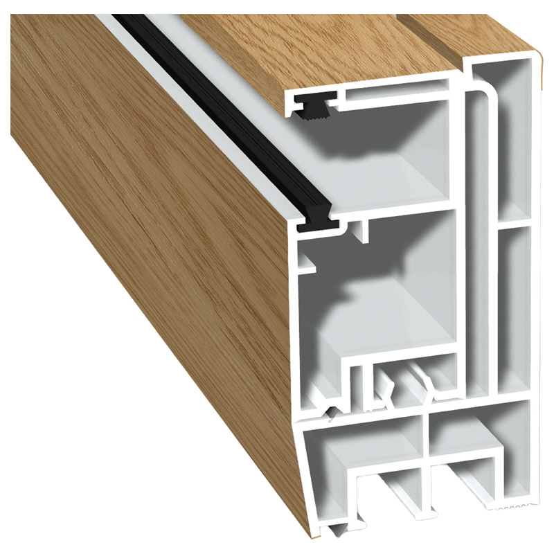 Adapterprofil 80x43mm Lg. 6,00m foliert, Revision außen <(>&<)> Rollladenführung 57x30mm Lg. 6,00m GK Braun, mit zwei schwarzen Bürsten 316 7011-167 E Produktbild BIGPIC L